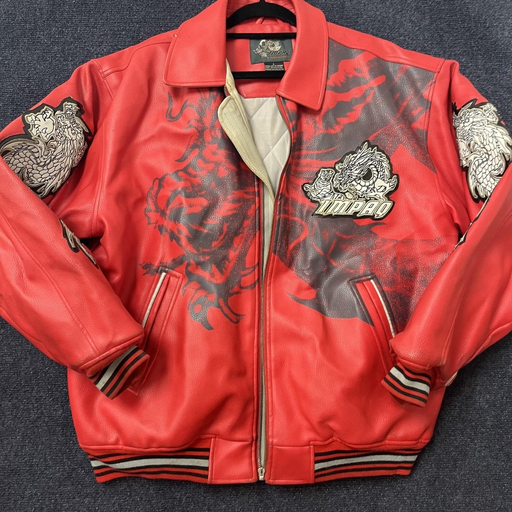 Y2K‎ IMPAQ Hip Hop Jacket Mens Large Red Faux Leather Dragon Tiger Bomber Tattoo
